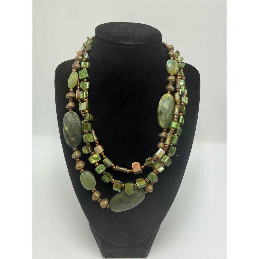 Green Multi Strand Layered Statement Necklace Bronze Tone Shell Stone Beads